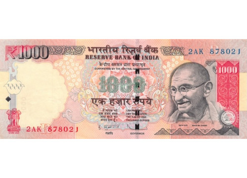 Банкнота Индия 1000 (тысяча) рупий 2011 год. Pick 107bR. VF